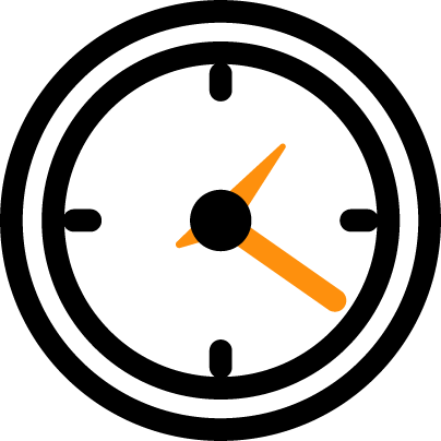 Black and orange icon of a clock